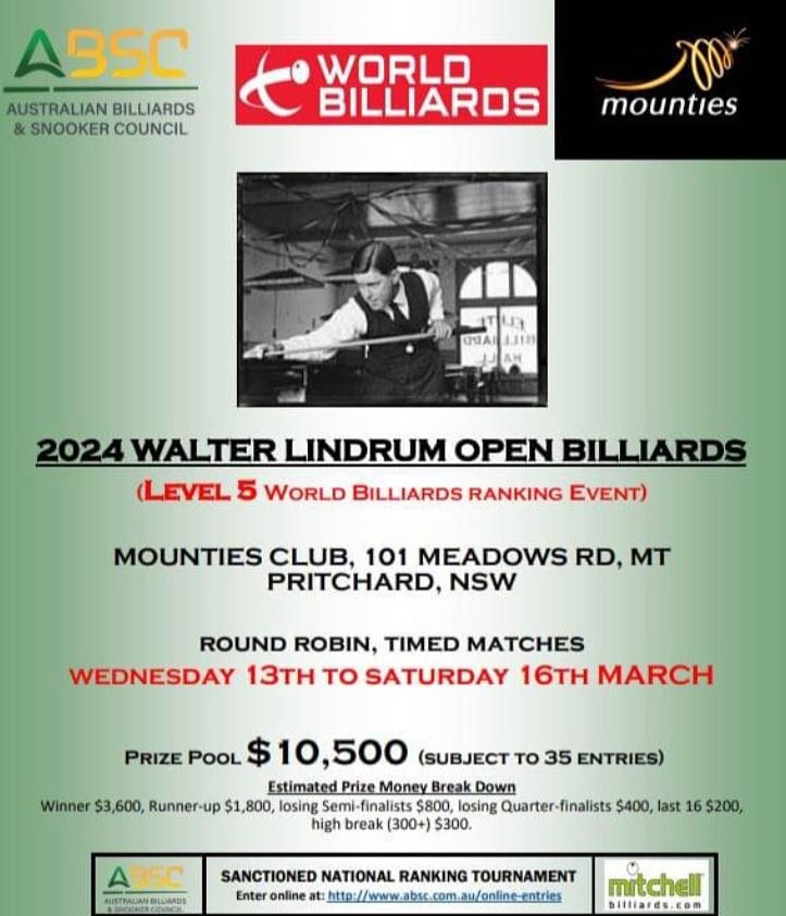2024 Walter LIndrum Open Billiards Poster
