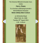 Invitation to an event celebrating Walter Lindrum, hosted by Dolly Lindrum
