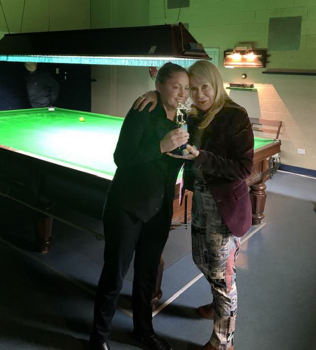 Tammy Lindrum presenting Anna Lynch with the runner-up trophy for the 2022 Ruby Roberts Victorian Women’s Billiards Championship