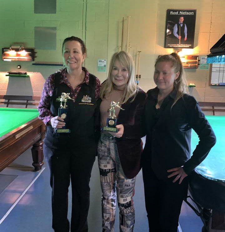 Tammy Lindrum presenting trophies for the 2022 Ruby Roberts Victorian Women’s Billiards Championship (winner Julie Watson, runner-up Anna Lynch)