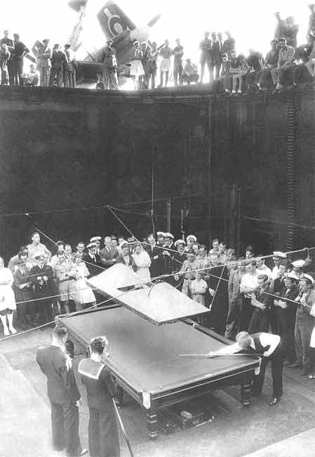 Walter Lindrum billiards demonstration on an aircraft carrier