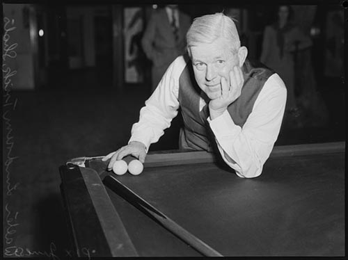 Walter Lindrum performing trick shots of billiards