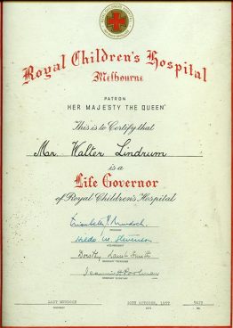 Walter Lindrum - Life Governor of Royal Children Hospital