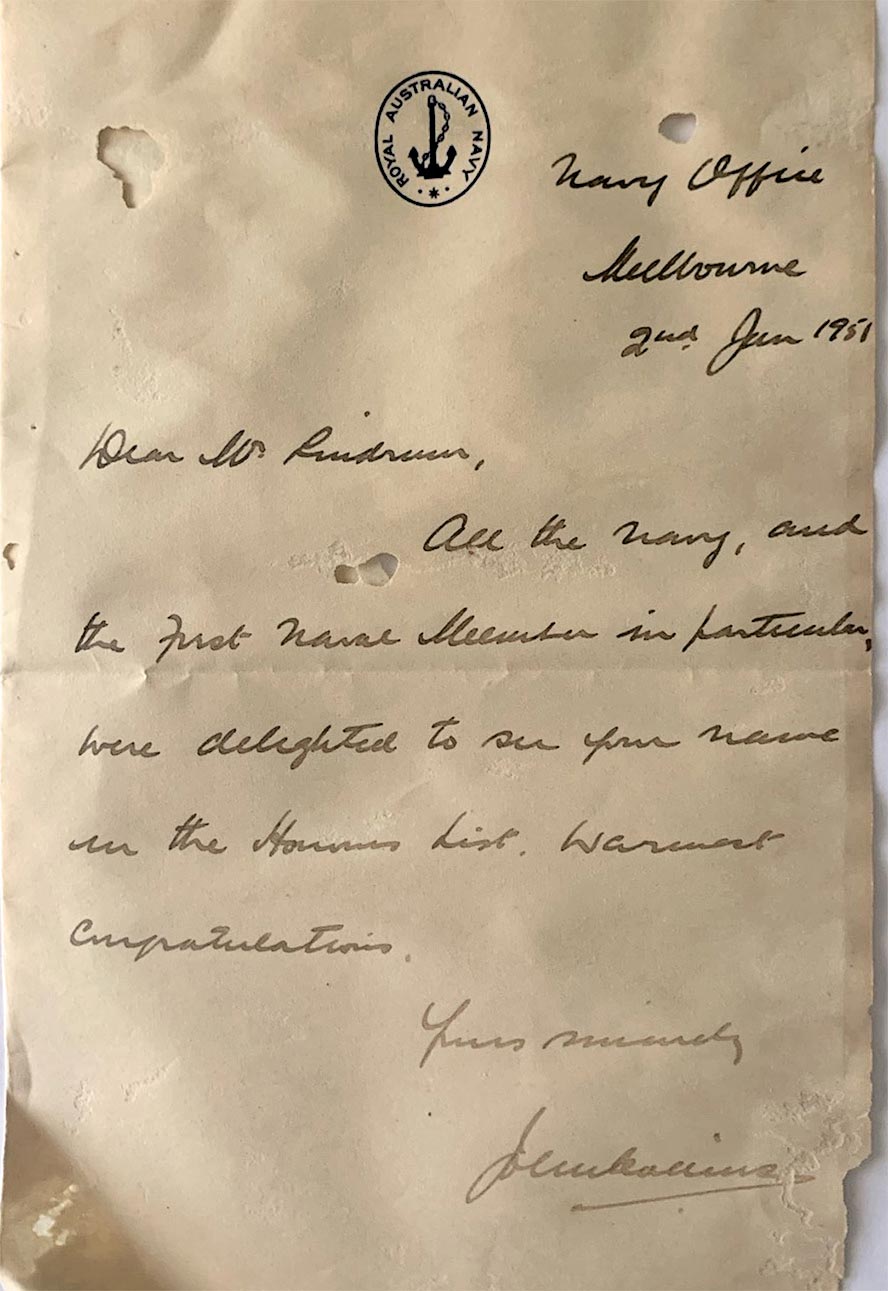 Congratulation Letter (1) to Walter Lindrum – 1951 New Year Honours MBE