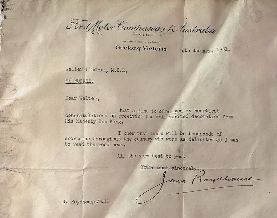 Congratulation Letter (3) to Walter Lindrum – 1951 New Year Honours MBE
