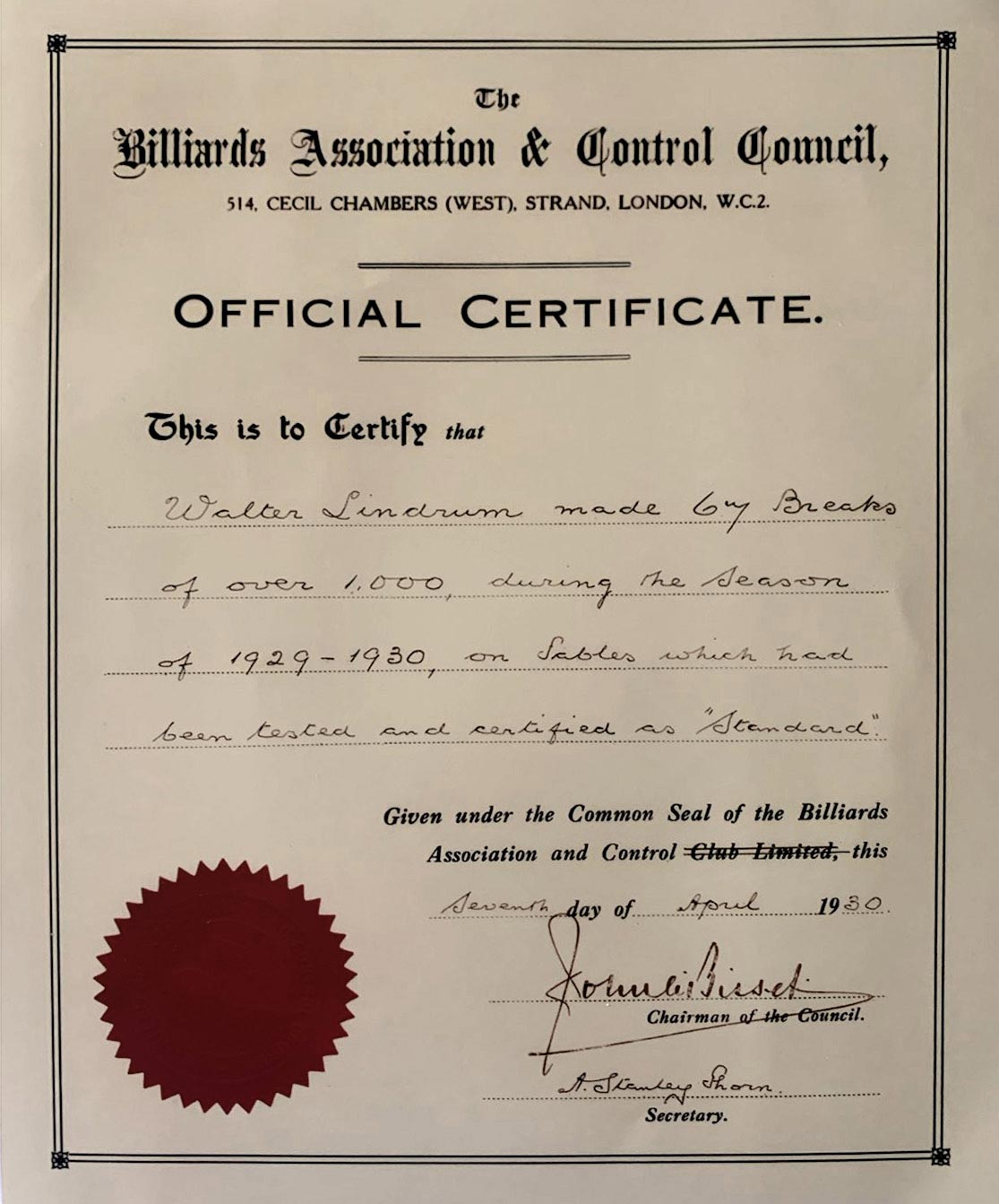 Walter Lindrum – Official Certificate – 67 Breaks of over 1000